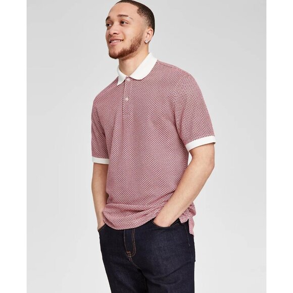 Club Room Top Polo Shirt Frat Geometric Short Sleeve Red Button - Picture 1 of 14